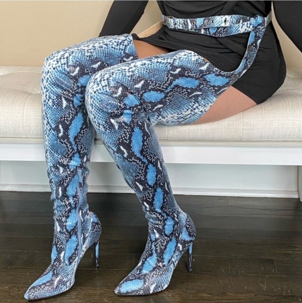 Thigh-High Harness Snakeskin Print Boots